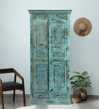 Antique Armoire Blue Carved Coastal Farmhouse Wardrobe Cabinet 81